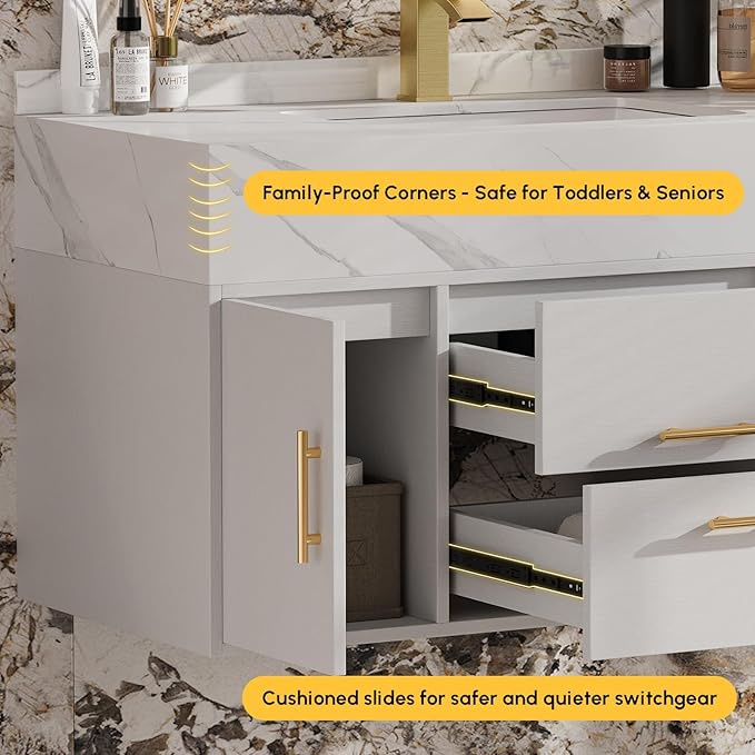 homary 39.4" Modern Floating Bathroom Vanity with Sink, Wall-Mounted Bathroom Vanity with Sintered Stone Countertop and 2 Drawers 2 Storage Cabinets, Undercounter Ceramic Sink Cabinet, White
