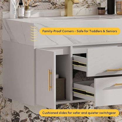 homary 39.4" Modern Floating Bathroom Vanity with Sink, Wall-Mounted Bathroom Vanity with Sintered Stone Countertop and 2 Drawers 2 Storage Cabinets, Undercounter Ceramic Sink Cabinet, White