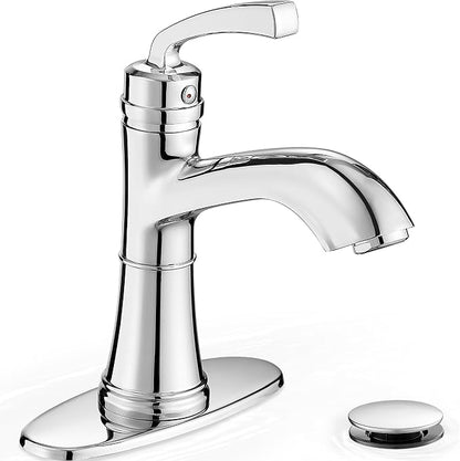 Brass Bathroom Sink Faucet Single Handle, Bath Sink Faucet, Chrome Bathroom Faucet 1 Hole or 3 Holes, Vanity Faucets 4 Inch with Pop-up Drain, Deck Plate, Pre-Installed Hose Save Water