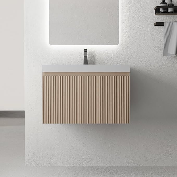 24 Inch Floating Bathroom Vanity with Sink, Wall-Mounted Striped Storage Cabinet with Soft-Close Drawer, Glossy White Solid Surface Basin, Fully Assembled, Natural Oak Finish