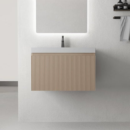 24 Inch Floating Bathroom Vanity with Sink, Wall-Mounted Striped Storage Cabinet with Soft-Close Drawer, Glossy White Solid Surface Basin, Fully Assembled, Natural Oak Finish