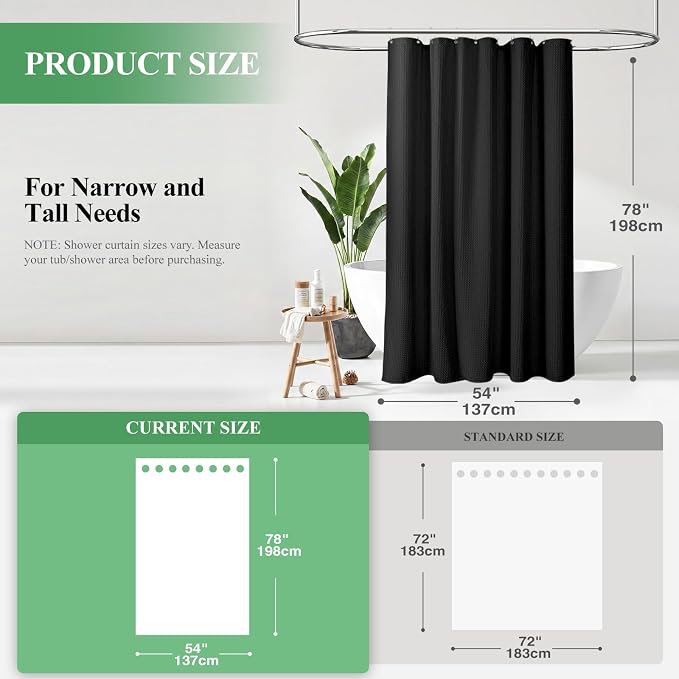 Stall Waffle Shower Curtain 256 GSM Heavy Fabric 54x78 Black | 54 x 78 Inch Long, Thick Cloth, Weighted Hem, Water Repellent, Hotel Luxury Polyester Shower Curtains for Bathroom 10 Hooks