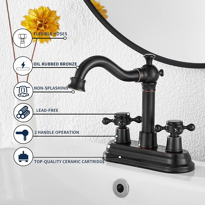 Bathroom Faucet Oil Rubbed Bronze GGStudy 2 Handles 4 Inches Centerset Bathroom Vanity with Drain Assembly and Supply Hose Lavatory Mixer Double Handle Tap