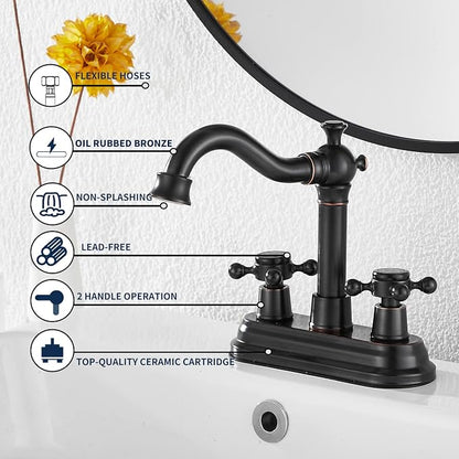 Bathroom Faucet Oil Rubbed Bronze GGStudy 2 Handles 4 Inches Centerset Bathroom Vanity with Drain Assembly and Supply Hose Lavatory Mixer Double Handle Tap