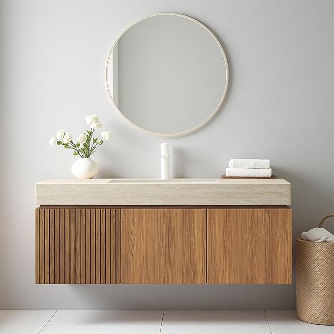 Ambrovina 48" Floating Bathroom Vanity with Sink, Modern Plywood Bathroom Storage Cabinet with Drawer and 2 Door, Roma Travertine Sintered Stone Countertop with Ceramic Basin, Pre-Assembled, Dark Oak