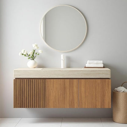 Ambrovina 48" Floating Bathroom Vanity with Sink, Modern Plywood Bathroom Storage Cabinet with Drawer and 2 Door, Roma Travertine Sintered Stone Countertop with Ceramic Basin, Pre-Assembled, Dark Oak