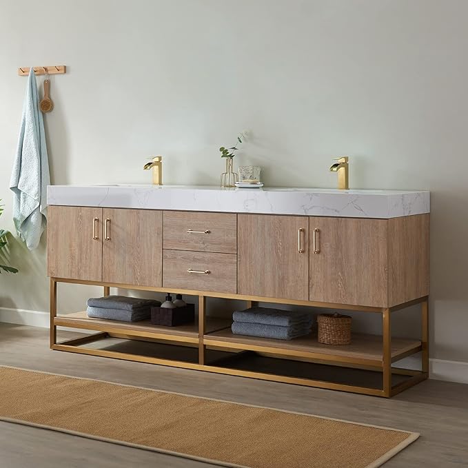 Vinnova Alistair 72" Double Sink Bathroom Vanity in North American Oak, Pre-assembled, with White Grain Stone Countertop Without Mirror