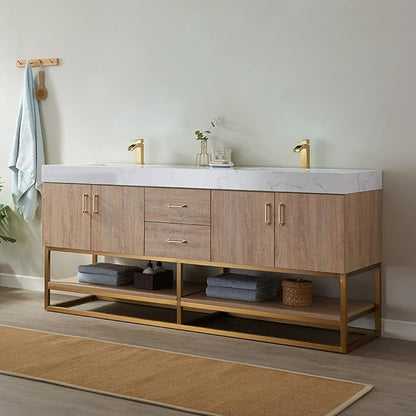 Vinnova Alistair 72" Double Sink Bathroom Vanity in North American Oak, Pre-assembled, with White Grain Stone Countertop Without Mirror