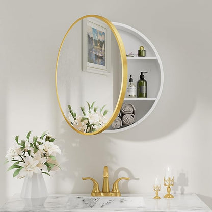 Keonjinn 20x20 Inch Round Gold Medicine Cabinet Mirror for Bathroom, Gold Surface Mount Medicine Cabinet with Mirror, Circular Framed Mirrored Medicine Cabinets, Modern Cabinet with Vanity Mirrors
