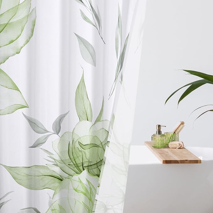 Sage Green Boho Floral Shower Curtain, Watercolor Botanical Design, 72 x 84 | Boho Floral Design, Watercolor Ink Painting Style, Botanical Flowers & Leaves, Elegant Bathroom Accent, Fabric Cloth Curtain