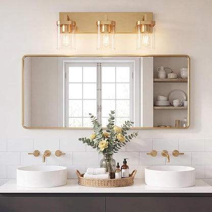 Bathroom Lighting Fixtures Over Mirror, Square Design & Rectangle Large Backplate, 3 Lights Modern Vanity Lighting Fixtures, Bathroom Light Fixtures for Bathroom/Living Room/Bedroom, Gold