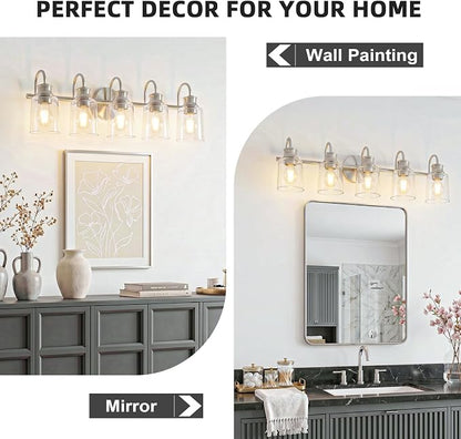 5 Lights Bathroom Light Fixtures Brushed Nickel Vanity Lights | ETL Certificate, Easy to Install,Wall Mount Up or Down,Thickened Glass Lampshade,E26 Socket,Hardwired