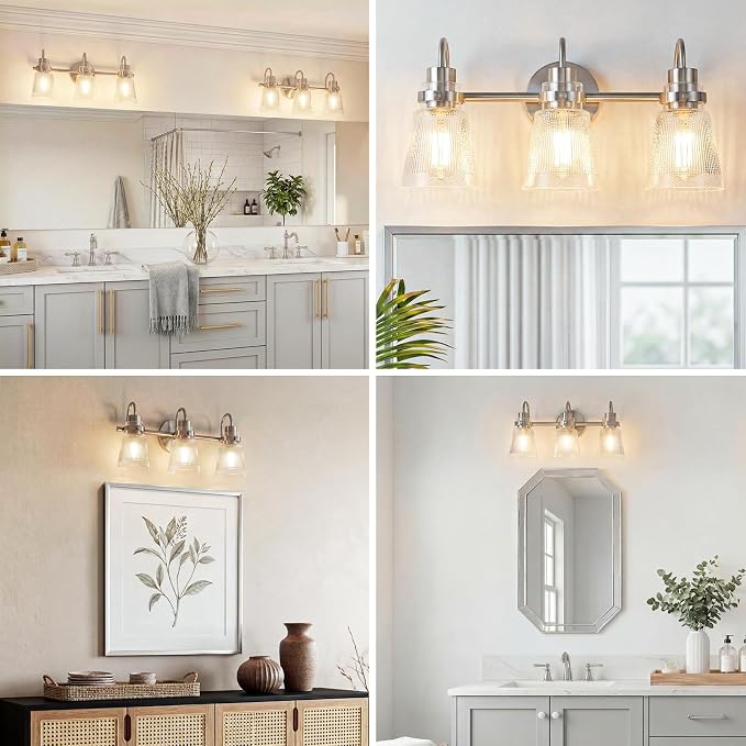 Brushed Nickel Bathroom Light Fixtures, 18.8 Inch Modern Vintage Vanity Lights with Clear Striped Glass Shade, 3-Light Bathroom Wall Sconce Over Mirror for Entryway Bedroom