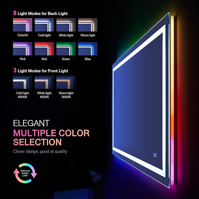 LOAAO 48"X32" RGB LED Bathroom Mirror with Lights, UL Listed | Anti-Fog, Dimmable, RGB Backlit + Front Lighted, Memory Function, Tempered Glass