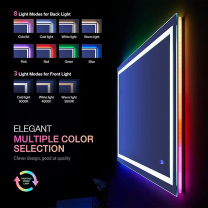 LOAAO 48"X36" RGB LED Bathroom Mirror with Lights, UL Listed | Anti-Fog, Dimmable, RGB Backlit + Front Lighted, Memory Function, Tempered Glass