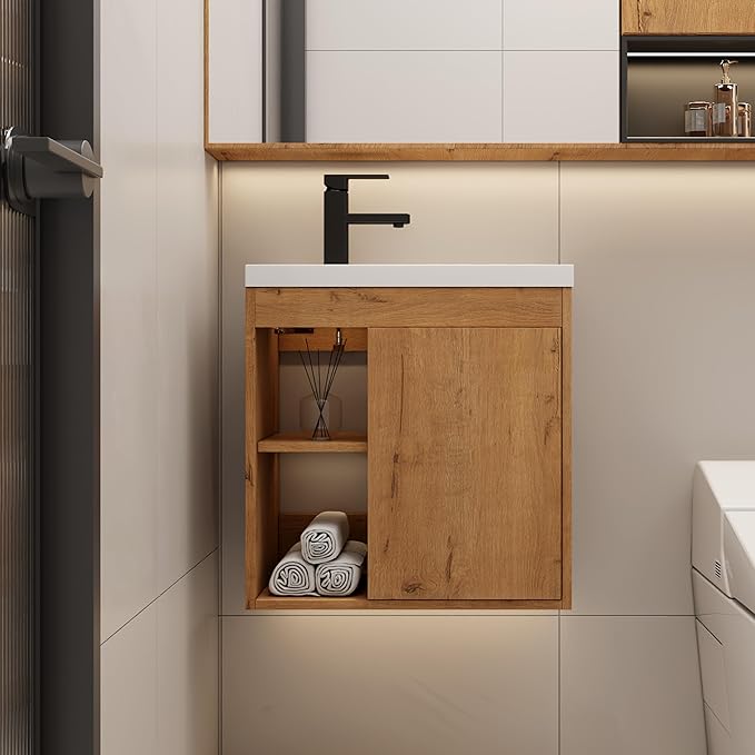 eclife 20" Floating Bathroom Vanity Sink Combo for Small Space, Wall-Mounted Guest Toilet Wash Basin Cabinet with Opening Shelf, Soft Closing Door, Natrual Veneered