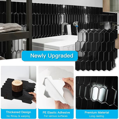Art3d Hexagon Tile Peel and Stick Backsplash, 10-Pack, 12 x 12 Inch, Black | Superior Thickness, Reliable Adhesion, Warp Resistant, Minimalist Style, Easy to Install, for Kitchen Countertops, Bedroom