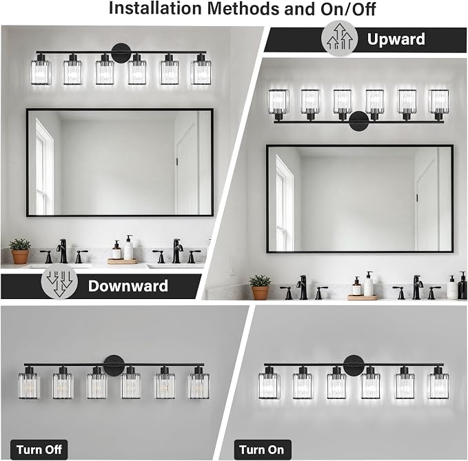 6 Light Bathroom Light Fixtures, Modern Crystal Vanity Lights over Mirror | Metal Frame, Bathroom Light with Square Crystal Shade, ETL Certified, E26 Ceramic Socket, Bulbs Not Included