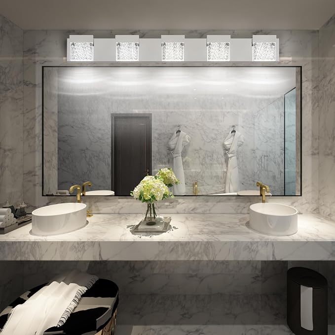 Bubble Bathroom Light Fixtures, 5 Light Chrome Vanity Lights, LED Bathroom Vanity Light Over Mirror, Modern Crystal Vanity Lights for Bathroom 6000K