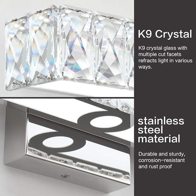 SOLFART Bathroom Vanity Lighting, Crystal Bathroom Light Fixtures Over Mirror LED Lights for Restroom, 32.5 Inch Chrome Light Over Mirror