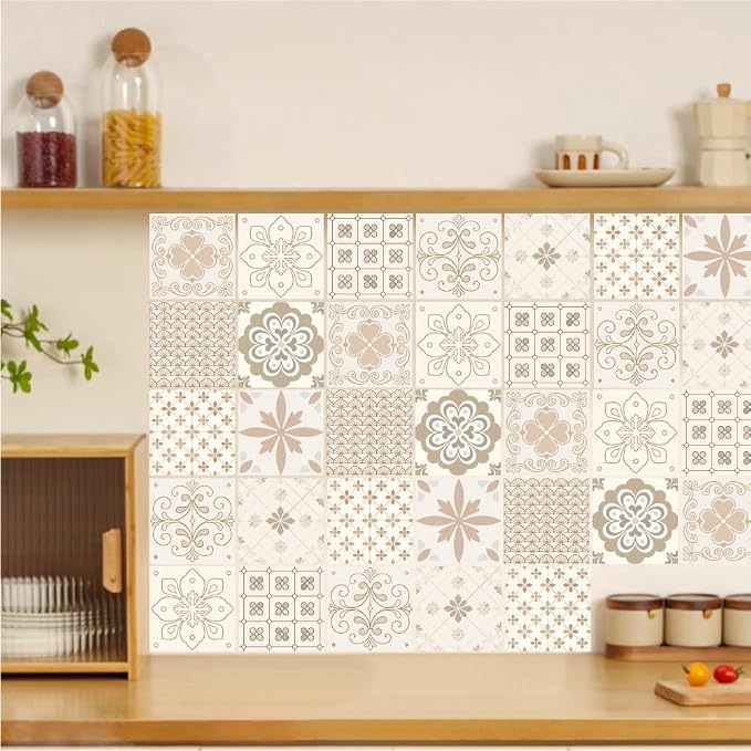 36Pcs 9 Styles Floral Tile Sticker 4 x 4 Inch Bohemian Peel and Stick Tile Square Flower Pattern Beige Waterproof PVC Decals for Kitchen Bathroom Backsplash Furniture Floor DIY Home Decor