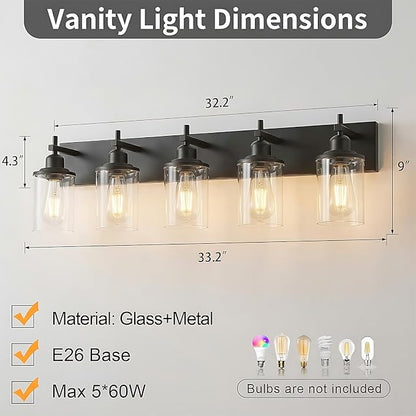 Lanhall 5-Light Black Bathroom Light Fixture Over Mirror Modern Farmhouse Bathroom Vanity Light Vintage Wall Lighting with Clear Glass Shade for Bathroom, Bedroom, Hallway, Cabinet