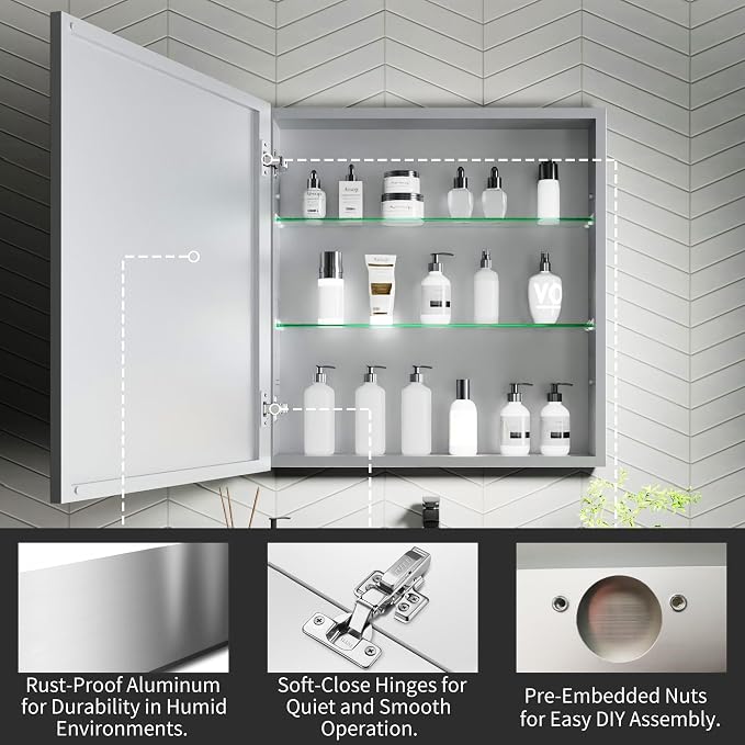 24x26 Inch Recessed Medicine Cabinet with Mirror, Aluminum Medicine Cabinet Mirror, Recessed or Surface Mount with 2 Adjustable Shelves Storage Organizer, Pre-Assembled Door, Soft-Closed System