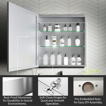 24x26 Inch Recessed Medicine Cabinet with Mirror, Aluminum Medicine Cabinet Mirror, Recessed or Surface Mount with 2 Adjustable Shelves Storage Organizer, Pre-Assembled Door, Soft-Closed System