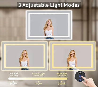 36"x72" LED Bathroom Mirror with Lights, Anti-Fog, Backlit + Front Lit, Dimmable, Led Vanity Mirror for Wall, Lighted Bathroom Mirror, 3 Colors, Shatter-Proof Tempered Glass