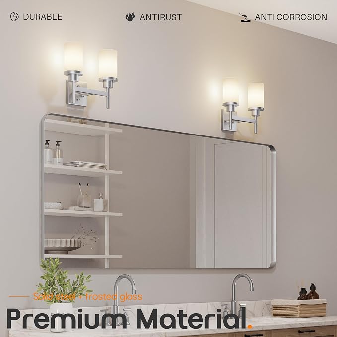 Bathroom Light Fixtures Brushed Nickel Vanity Lights with White Frosted Glass Shade, Double Wall Lamps for Mirror Kitchen Living Room Porch T001BR-L2