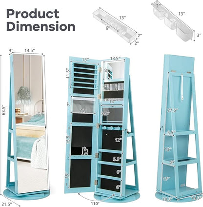 CHARMAID 360° Swivel Jewelry Armoire with Full Length Mirror, Rear Storage Shelves, Lockable Standing Jewelry Cabinet Organizer with Interior Vanity Mirror and 3-Color Lights (Sky Blue)