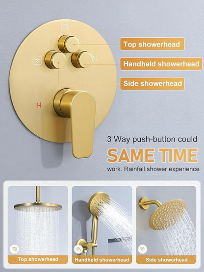 Woindo Shower Faucet Set 10" Rain Shower Head/8'' Side Shower Head and 3 Setting Handheld Ceiling Mount 3 Push Button Diverter Complete Rainfall Round Shower System Included Valve Trim Kit