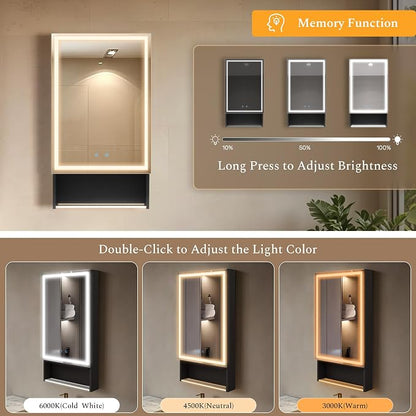 20"×34" Lighted Medicine Cabinet with Mirror Adjustable Brightness 3 Color Temperature Lighting Anti-Fog Sturdy Aluminum led Medicine Cabinet Mirror 2 Socket & 2 USB Ports & Adjustable Shelf