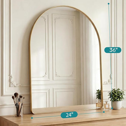 OLIXIS 36x24 Inch Arched Bathroom Wall Mirror, Rounded Rectangle, Gold | Modern Wall Mount Vanity Mirror for Over Sink with Matte Metal Deep Framed, for Home Decor, Living Room