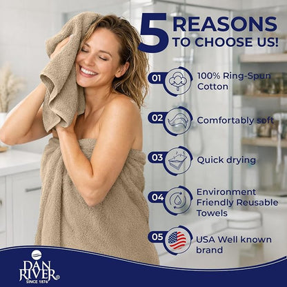 DAN RIVER 8 Piece Luxury Bath Towels for Bathroom, Towel Set, Tan | 2 Bath towels, 2 Hand towels, and 4 Wash Cloths, 600 GSM 100% Ring Spun Cotton, Highly Absorbent, Gym, Hotel, guest, and Spa