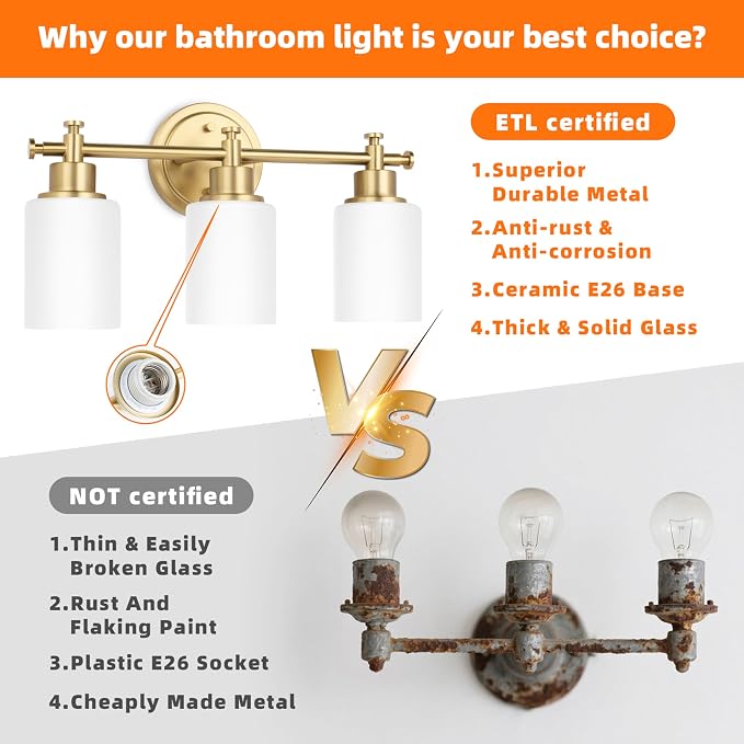 3-Light Gold Bathroom Vanity Light Fixtures, Brushed Gold Wall Sconce, Champagne Gold Vanity Light with Milky White Glass Shade Over Mirror, Bathroom, Bedroom, Modern Style, E26 Base | Champagne Gold Vanity Light Over Mirror with Milky White Glass Shad...
