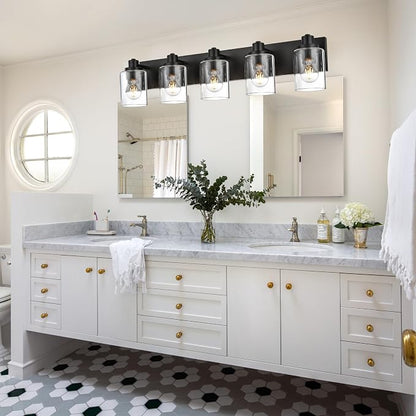 5 Light Bathroom Vanity Lights, Bathroom Lighting Fixtures over Mirror with Clear Glass Shades, Black Vanity Light For Bathoom, Modern Wall Sconces Vanity Lighting Fixture for Bathroom Hallway