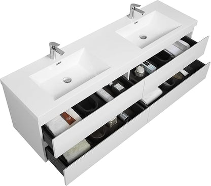 Floating Bathroom Vanity with Double Sinks, 72" Wall-Mounted Bathroom Storage Vanity Cabinet with Resin Top Basin and Soft Close Drawers, No Assembly Required, Glossy White