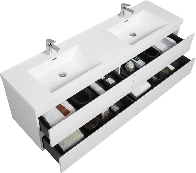 Floating Bathroom Vanity with Double Sinks, 72" Wall-Mounted Bathroom Storage Vanity Cabinet with Resin Top Basin and Soft Close Drawers, No Assembly Required, Glossy White