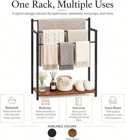 24.8" W Freestanding Towel Rack with Rustic Brown Wood Shelf | 3 Tier Blanket Ladder Stand for Bathroom Living Room, Metal Frame