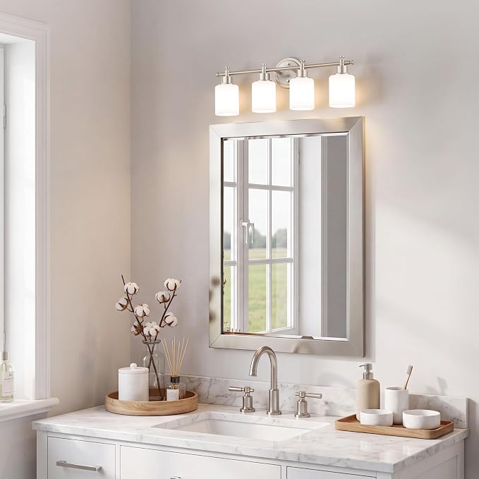 4 Light Bathroom Vanity Light Fixture Over Mirror, Brushed Nickel, 23'' | Vanity Lights for Bathroom, Bedroom, Living Room, White Frosted Glass Shades, Modern, E26(Bulbs Not Included)