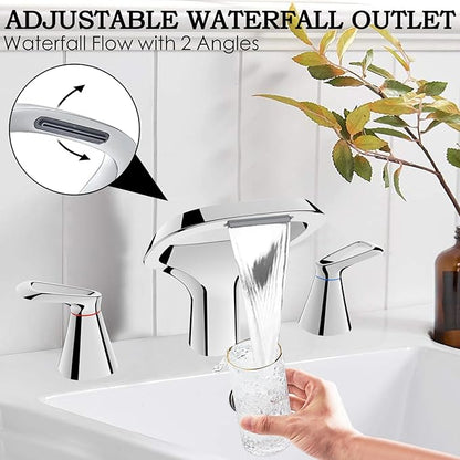 Bathroom Faucets for Sink 3 Hole, Bezeit 8 Inch Widespread Bathroom Faucet with Waterfall Spout, Solid Brass Chrome Faucet with 2 Handles and Water Supply Hoses