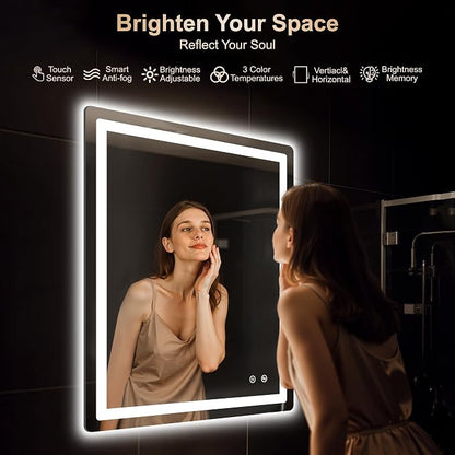 36x30 LED Bathroom Vanity Mirror with Lights, Anti-Fog, Dimmable | Front & Backlit with 3 Color Modes and Memory, 5mm Shatterproof Glass, Plug-in or Hardwired, Horizontal or Vertical