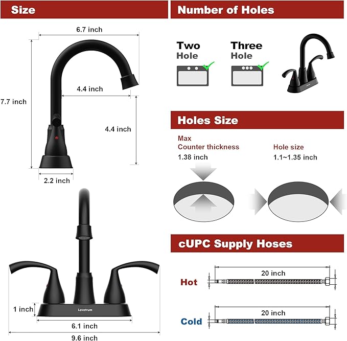 Bathroom Faucets for Sink 3 Hole 4 Inch 2 Handle Centerset Faucet for Sink Vanity Pop-up Drain Stopper and Supply Hoses（Matte Black）