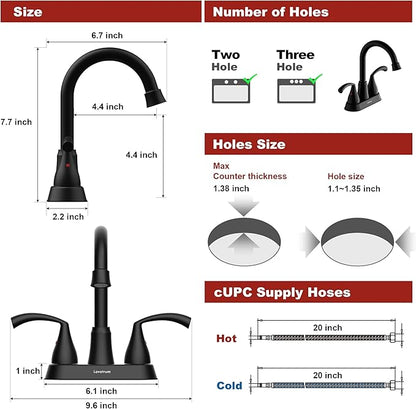 Bathroom Faucets for Sink 3 Hole 4 Inch 2 Handle Centerset Faucet for Sink Vanity Pop-up Drain Stopper and Supply Hoses（Matte Black）