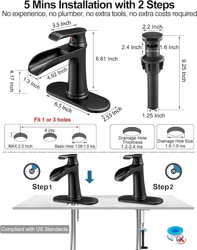 Brass Waterfall Faucet, Oil Rubbed Bronze Bathroom Faucet, 4 Inch Bathroom Sink Faucet 1 Hole or 3 Holes, 1 Handle Bathroom Faucets with Pop Up Drain Deck Plate Supply Hose for Antique Farmhouse