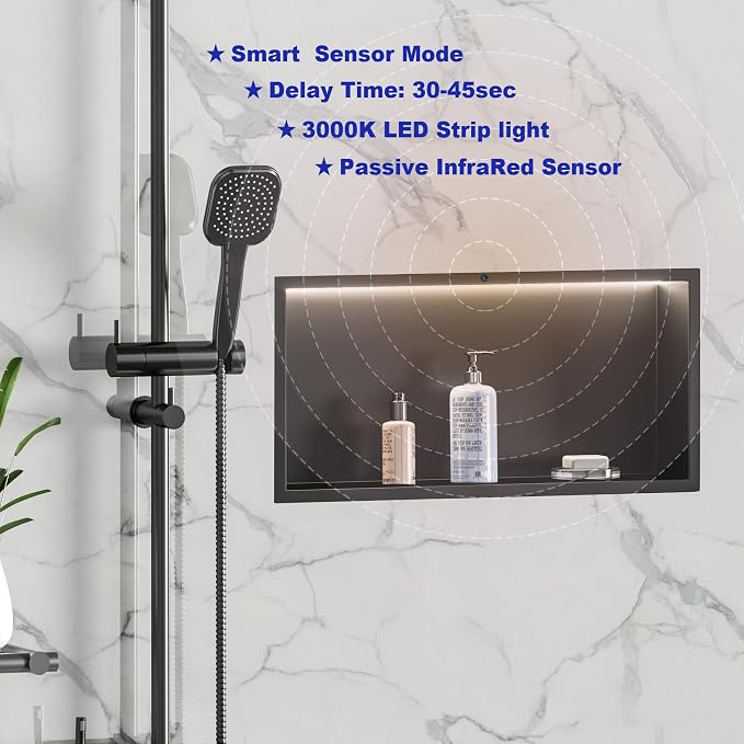 Smart Body Sensor Shower Niche, Black 24"x12" | Recessed Wall Niche with White 3000K LED Light , Waterproof &Rustproof, 304 Stainless Steel Bathroom Cabinet
