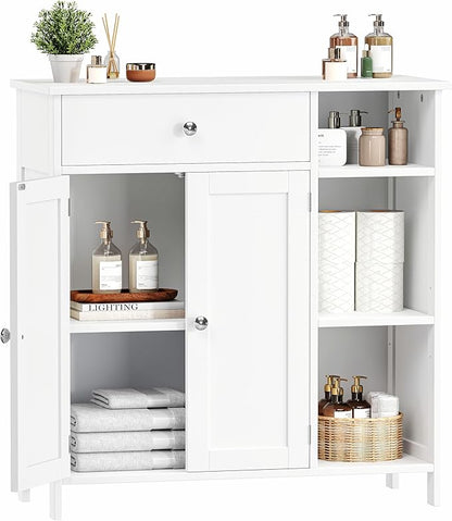White Bathroom Floor Cabinet with Large Drawer, Floor Storage Cabinet with Doors & Adjustable Shelves, Modern Storage Cupboard with 3 Open Space for Living Room, Entryway, Dining Room