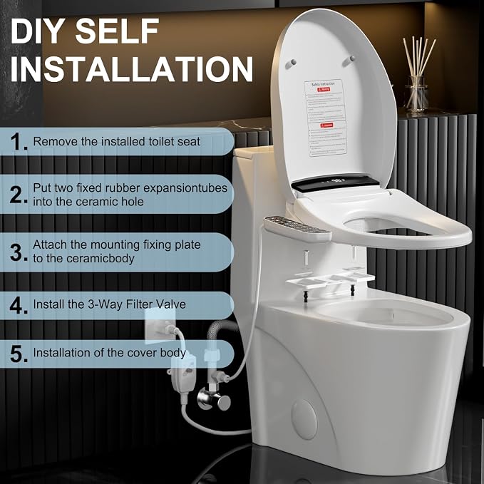 LOUPUSUO Electric Heated Bidet Toilet Seat with Warm Water Wash | Heated Seat, Warm Air Dryer, Soft Closed Lid, Night Light,Toilet Seat with LED Display and Multiple Cleaning Modes