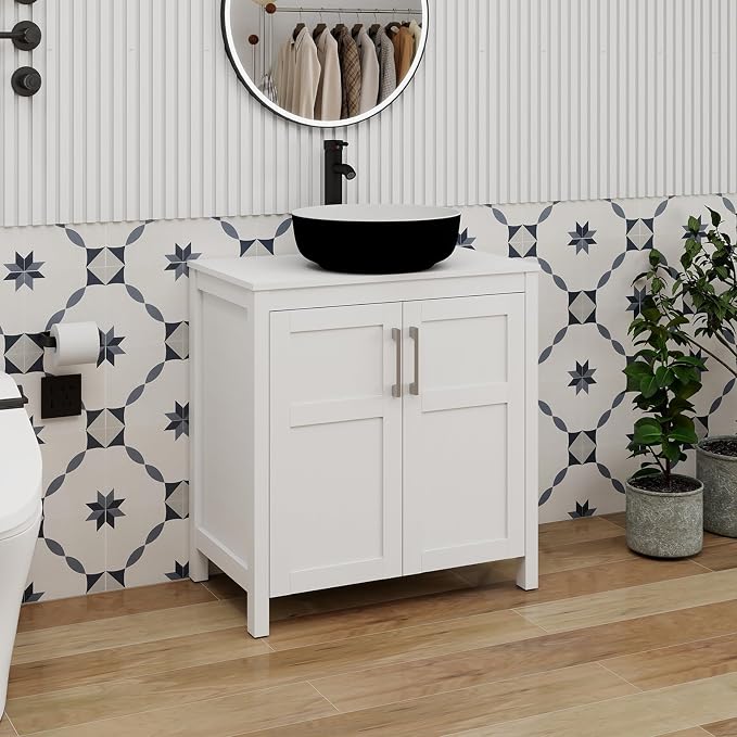YOURLITE 30" White Bathroom Vanity, 30" White Bathroom Vanity Sink Combo with Black White Ceramic Basin Faucet & Pop Up Drain Set